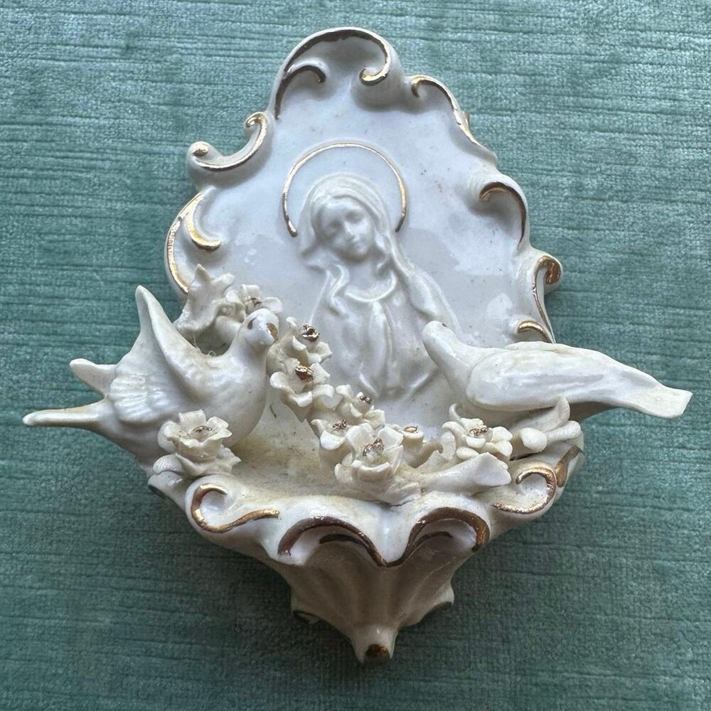 Vintage Holy Angels birds Saint Porcelain Italian Capodimonte wall decor hang 5”